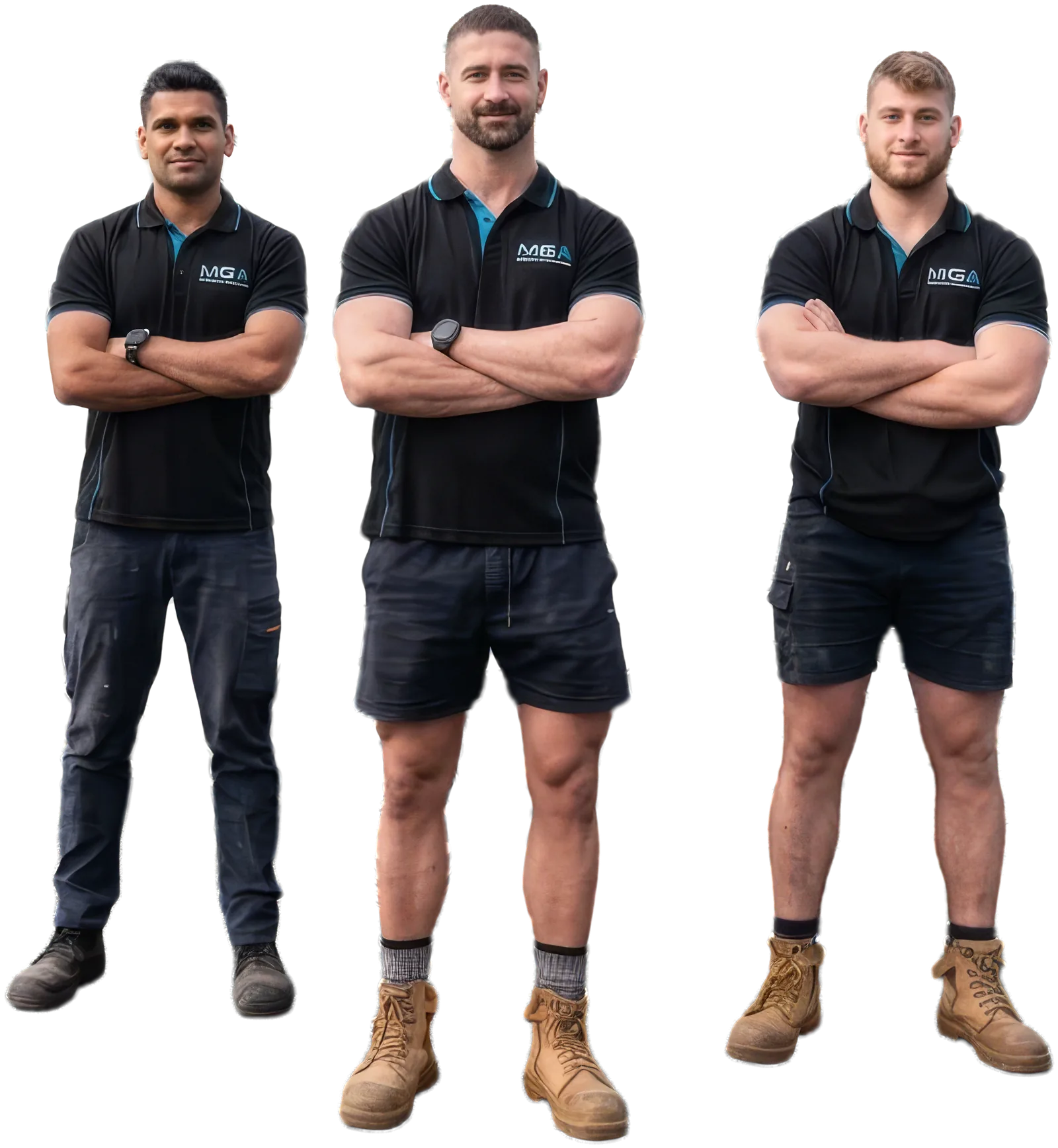 Three MGA Cooling technicians in black MGA polos, arms crossed, in front of the vans