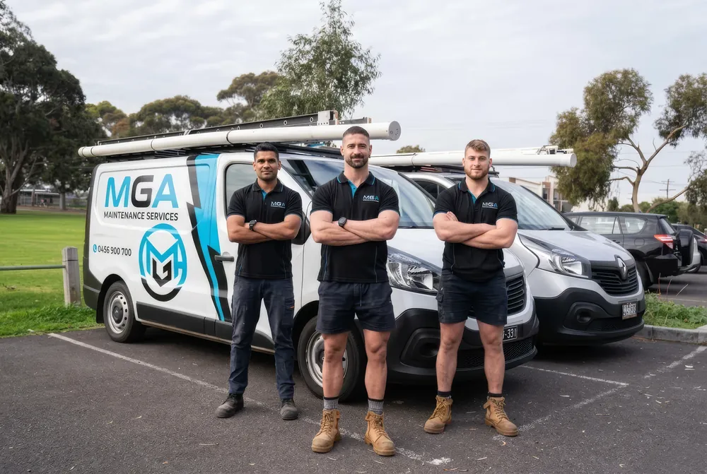 Three MGA technicians standing in front of two MGA vans