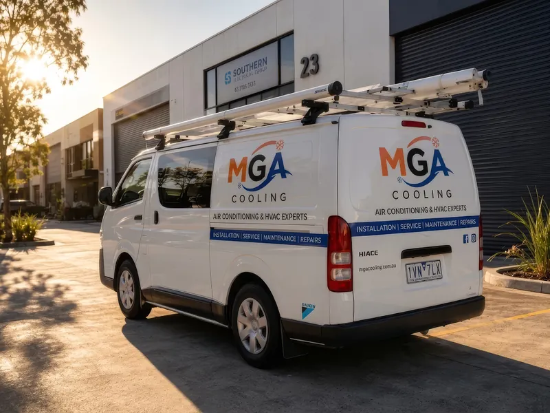 MGA Cooling service van outside an industrial unit at golden hour