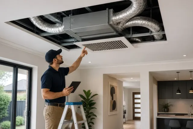 Technician checking a ducted heating unit in a ceiling space