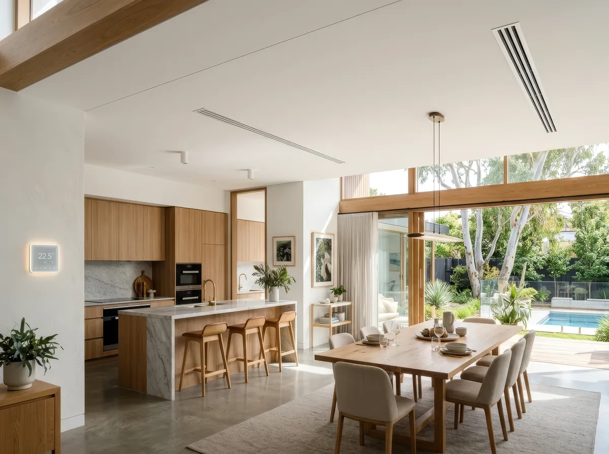 Open-plan kitchen and dining room with flush linear ceiling vents