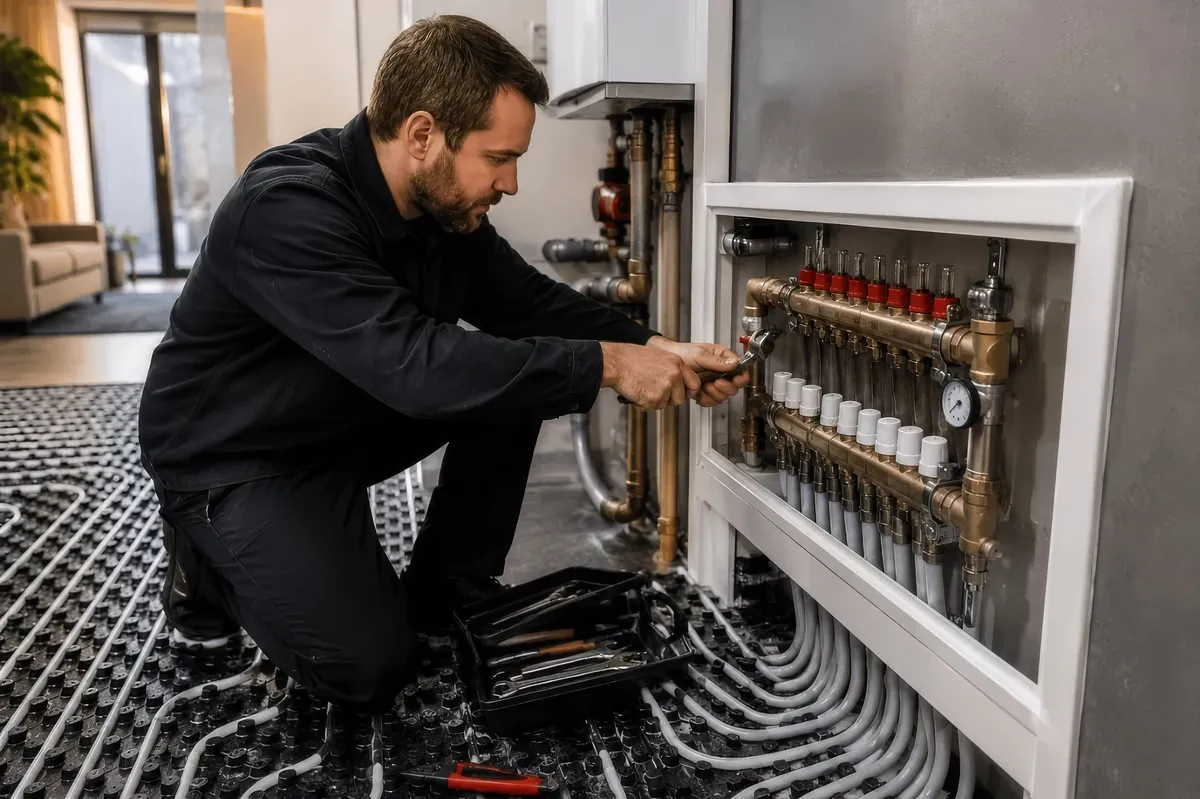 Technician fitting a hydronic manifold over in-slab heating pipes