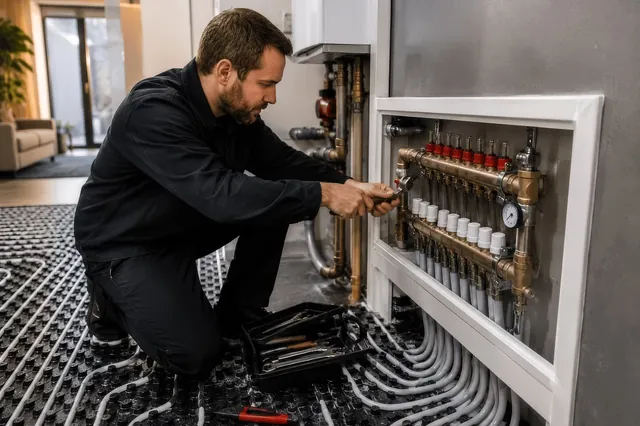 Technician fitting a hydronic manifold over in-slab heating pipes