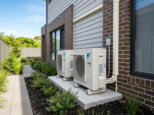 Multi-split outdoor units on a slab beside a brick home