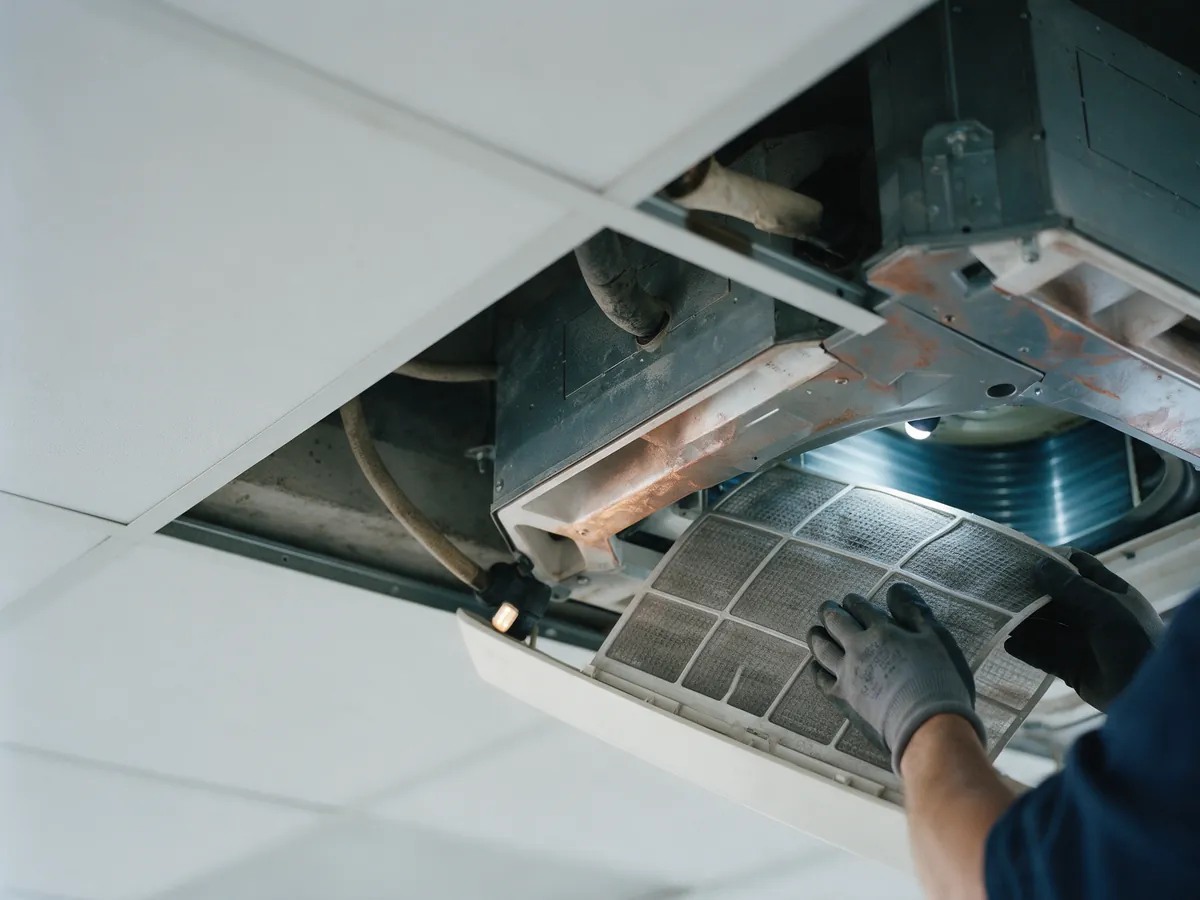 Gloved hands refitting a washed filter into a ceiling cassette unit