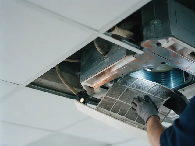 Gloved hands refitting a washed filter into a ceiling cassette unit