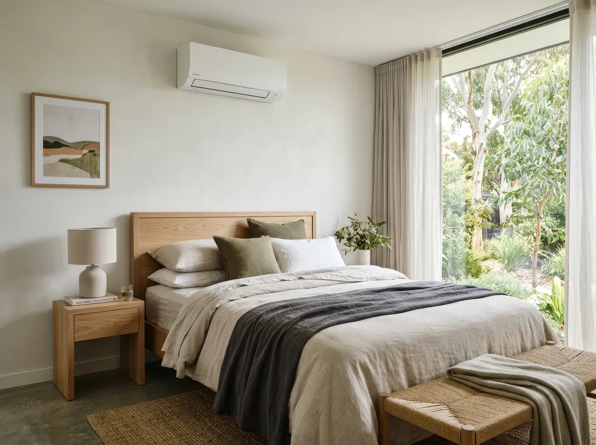 Wall-mounted split system above a bed in a bright Melbourne bedroom