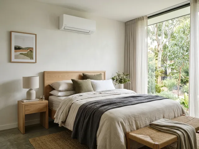 Wall-mounted split system above a bed in a bright Melbourne bedroom