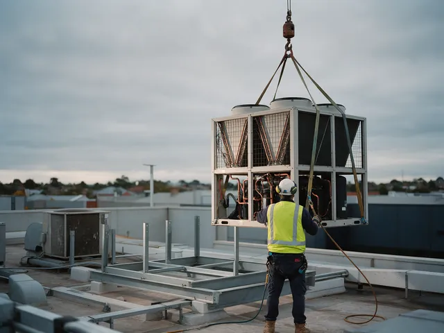 A new condenser lowered by crane onto a commercial rooftop frame