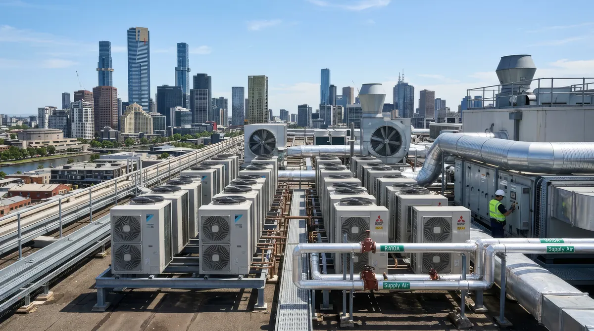 Rows of VRF condensers on a rooftop above the Melbourne skyline