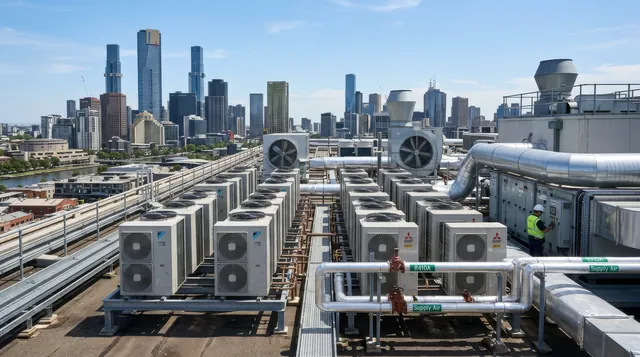 Rows of VRF condensers on a rooftop above the Melbourne skyline